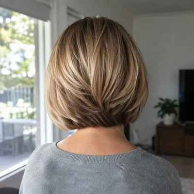 Layered bob, smooth blow-dry