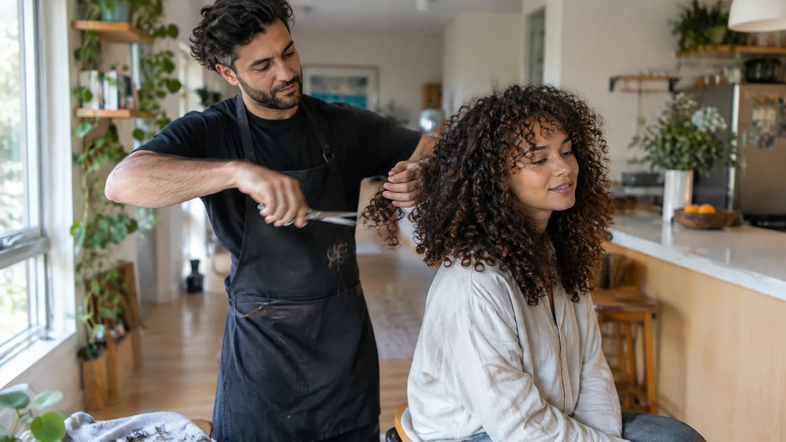 A hairdresser cutting a client's curly hair in a home kitchen