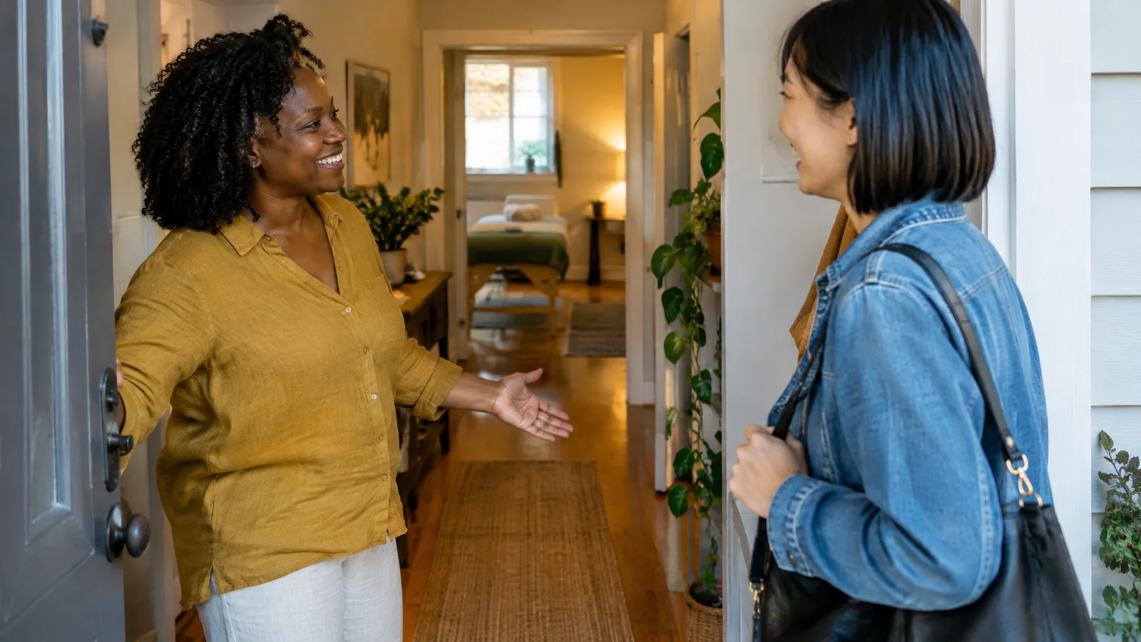 A beauty therapist welcoming a client at the front door of her home